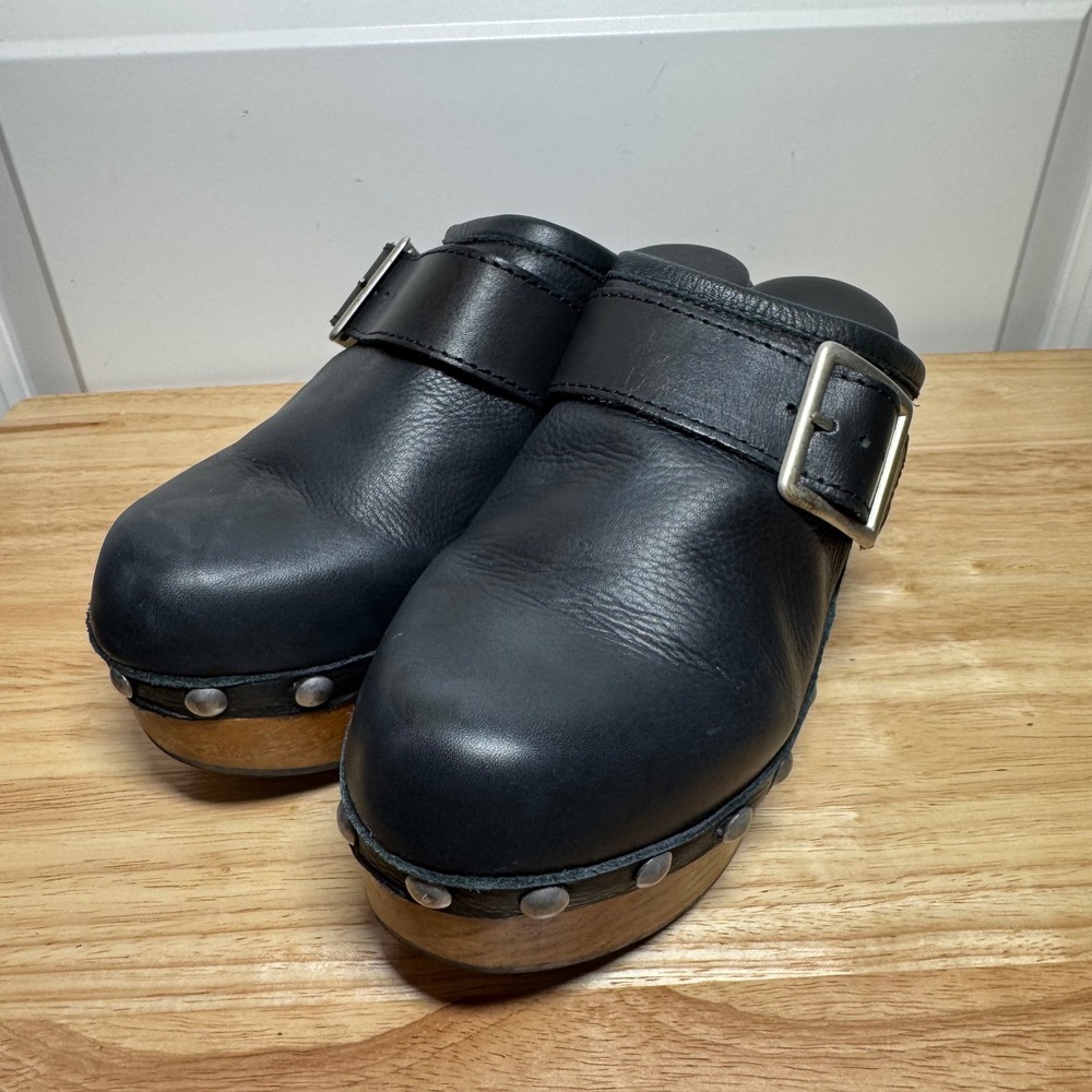 Free People Black Leather Studded Buckle Wood Platform Clogs Made in Spain 38 - Picture 12 of 16